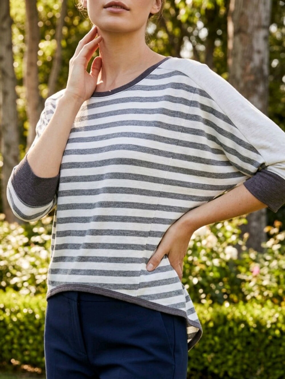 🐞Cream Striped Linen Blend Crop Batwing Top Medium